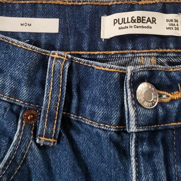 Pull Bear Mom Jeans Womens 4 Blue Pants Distressed Baggy Cuffed Dark Waist 26 - Picture 6 of 9